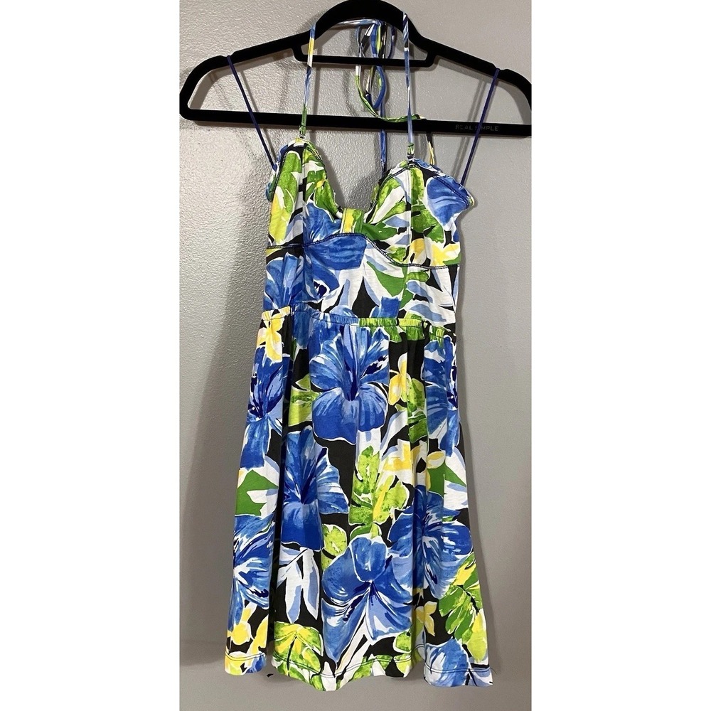 Aeropostale Halter Neck Dress Floral Print Blue Green Y2K Women's grail Medium